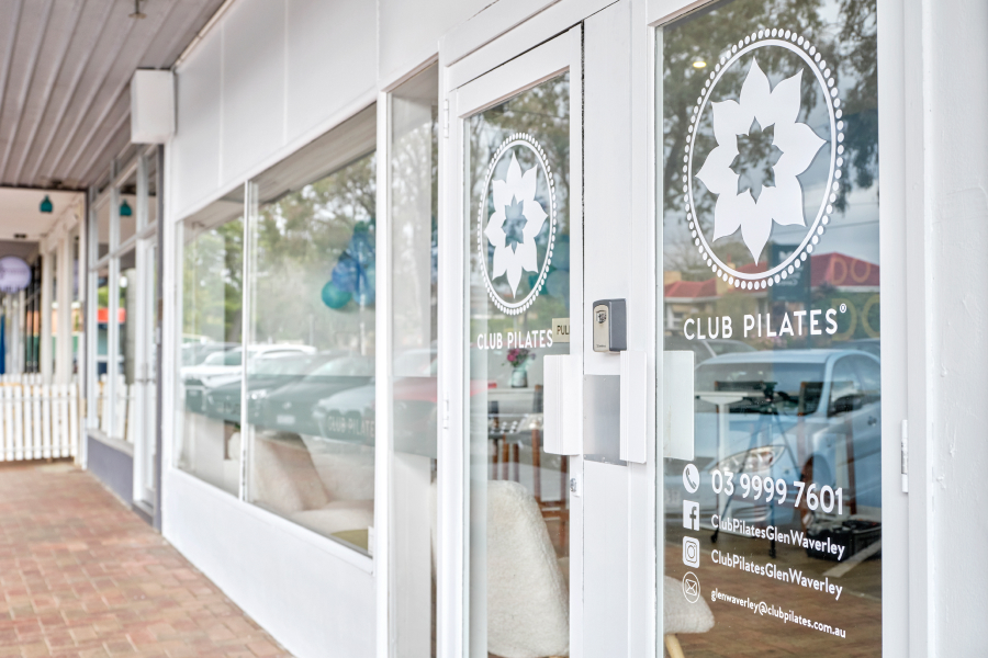Studio Fitout for Club Pilates at their Glen Waverley Studio, showcasing outside window decal